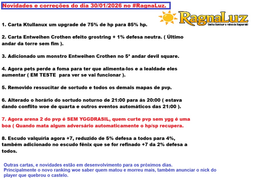Corre&ccedil;&otilde;es e novidades do dia 30/01/2026 #Ragnaluz