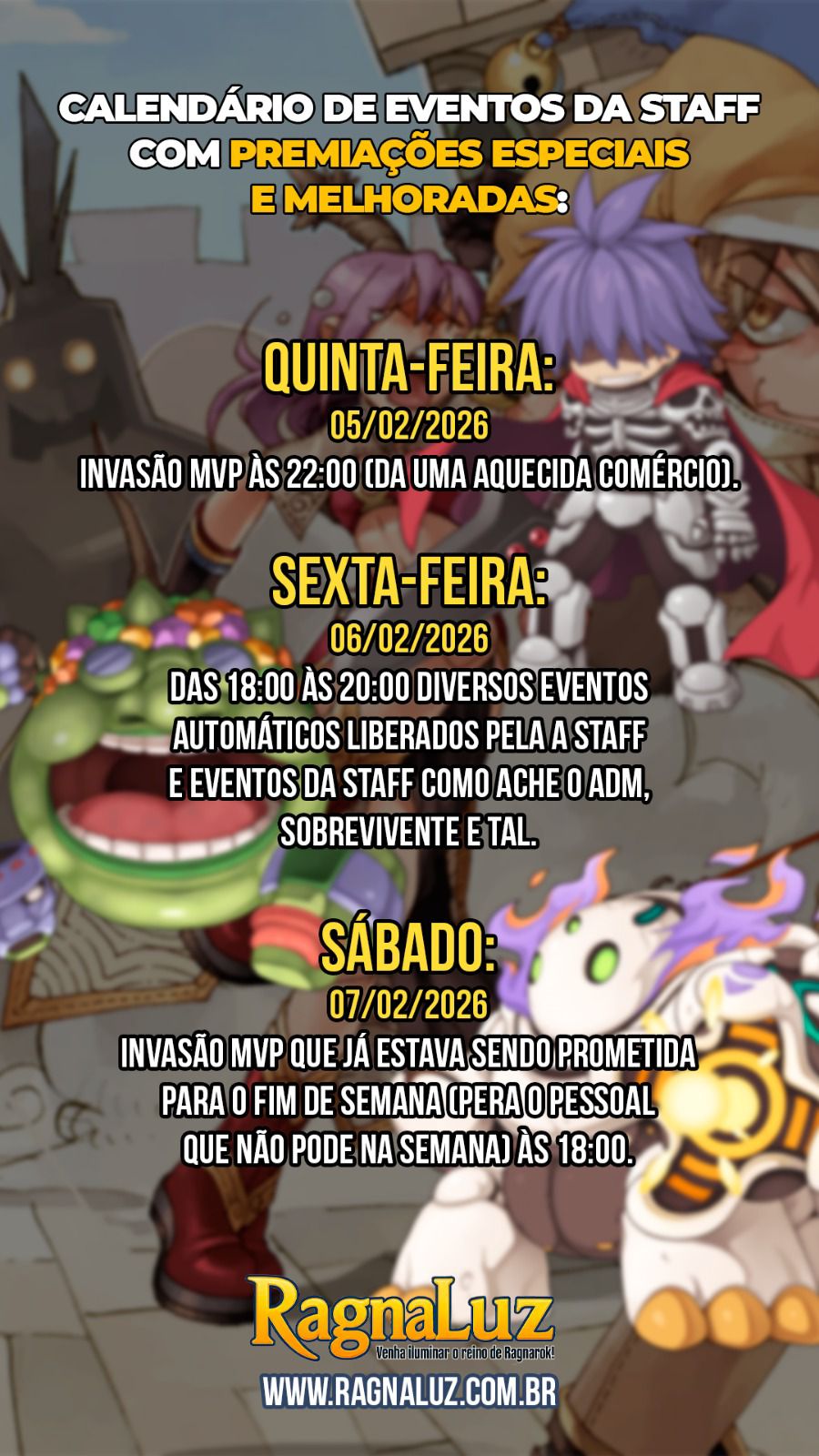 Calend&aacute;rios de eventos fim de semana 05/02 ao 07/02